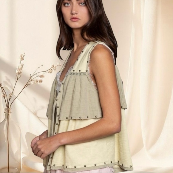 POL Matcha Green Western Vest Ruffle Drawstring Rope Tie Top - Picture 4 of 5